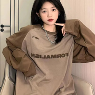 美式復(fù)古插肩長袖t恤女2022秋季新款韓版bf寬松百搭顯瘦情侶上衣 卡其色 L