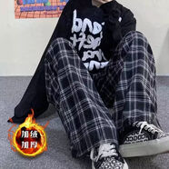 焱思泰200斤休閑格子闊腿褲子女冬季加絨ins原宿風寬松顯瘦拖地褲女 黑白格子 加絨 S 85-95斤