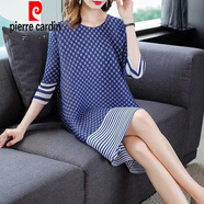 皮爾卡丹（pierre cardin）時尚印花褶皺連衣裙2025春夏新款洋氣小眾設(shè)計感寬松大碼裙子 藍色格子 2XL 建議130-145斤內(nèi)