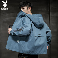 花花公子（PLAYBOY）夾克男沖鋒外套男裝春夏季男士休閑連帽工裝潮牌上衣服 墨藍SC XL
