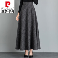 皮爾卡丹（pierre cardin）2023秋冬毛呢格子半身裙女百搭高腰A字裙中長(zhǎng)款加厚顯瘦大號(hào)長(zhǎng)裙 深灰暗格子 XL