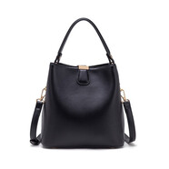 名夏（MINGXIA）牛皮女包新品韓版水桶包軟皮女包簡(jiǎn)約單肩斜挎女士包包甜美手提包 百搭黑大號
