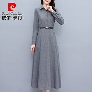 皮爾卡丹棉麻連衣裙子女士裝春秋冬2025年新款媽收腰氣質(zhì)洋氣顯瘦中長裙 灰色《別致漂亮女神范今年流行氣 2XL (120-130斤)