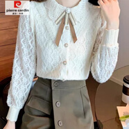 皮爾卡丹（pierre cardin）蕾絲打底衫女加厚新款洋氣娃娃領(lǐng)長(cháng)袖襯衫寬松時(shí)尚短款女上衣 杏色薄款(全身有內襯) M