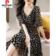皮爾卡丹優(yōu)雅碎花裙2025夏季新款連衣裙遮腹拼接減齡小個(gè)子v領(lǐng)百搭裙子 黑色 L 建議105-115斤