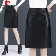 皮爾卡丹（pierre cardin）海寧真皮新款女皮裙半身裙綿羊皮中長(cháng)款過(guò)膝高腰裙顯瘦a字裙秋冬 609#黑色 29/XL