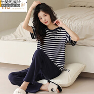 莫代爾睡衣女夏短袖長褲純棉薄款條紋卡通學(xué)生兩件套裝家居服 LX-467#藍(lán) XL