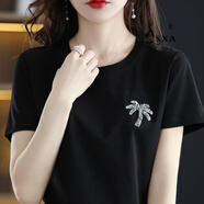 SXA香港潮牌短袖t恤女絲光棉2025夏季新款燙鉆印花T恤百搭打底上衣 黑色椰子樹(shù)胸標 S