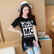 皇士皇妃新品蕾絲花邊印花短袖T恤女中長(cháng)款修身顯瘦T恤衫修身版 黑色 S