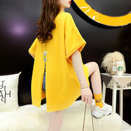 為柔大碼后背開(kāi)叉中長(cháng)款不規則短袖t恤女設計感寬松胖MM遮肚上衣顯瘦 黃色 M 85-115斤