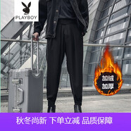 花花公子（PLAYBOY）休閑褲男士夏季搭配馬丁靴的魔術(shù)貼褲子高街ins潮牌褲子男 黑色 加絨 M