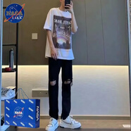 NASALIKE破洞牛仔褲男薄款修身高街潮流九分褲新款ins韓版顯瘦乞丐破洞褲 黑色破洞拉鏈牛仔褲【網(wǎng)紅同款】 M (精神小伙)