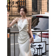 舒芳蝶（shufangdie）吊帶連衣裙女裝2025夏季新款綢緞面魚尾長(zhǎng)裙高級(jí)感中長(zhǎng)小禮服裙子 米白色 S