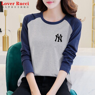 LOVER RUCCI法國(guó)歐貨女裝長(zhǎng)袖百搭寬松插肩袖體恤春秋新款純棉t恤女休閑 灰色藍(lán)袖 (常規(guī)款) 黑圖, 右胸】 2XL