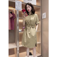 短袖職業(yè)小黑裙連衣裙歐貨小眾設計感系帶高紐扣寬松顯瘦polo領(lǐng)襯衫裙女氣質(zhì)連衣裙夏新款 卡其色 L （建議105-120斤斤）