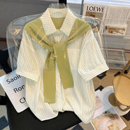 VEOX條紋襯衫女短袖夏裝新款韓版職場(chǎng)輕熟法式高級感襯衣輕奢上衣女 綠色條紋 S