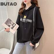 BUTAO女裝連帽衛衣女寬松秋季新款韓版時(shí)尚小熊套頭休閑外搭外套 黑色 M