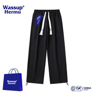 WASSUP HERMU官方休閑褲男女春夏季簡(jiǎn)約潮牌寬松情侶直筒褲闊腿抽繩運動(dòng)長(cháng)褲子 黑色 3XL（建議180-200斤）