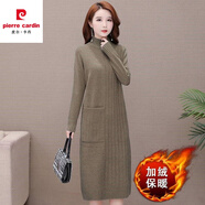 皮爾卡丹（pierre cardin）連衣裙女秋冬中長款過膝配大y針織套頭加絨加厚洋氣半高領打底衫 口袋條紋-加/絨  【棕色】 3XL 【建議140-150斤】