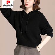 皮爾卡丹（pierre cardin）寬松慵懶風毛衣女秋冬外穿蝙蝠袖上衣加厚短款連帽衛(wèi)衣針織打底衫 黑色 L (建議110-120斤)