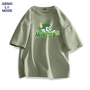 GENIOLAMODEt恤男夏季純棉寬松休閑簡(jiǎn)約圓領(lǐng)印花青年百搭短袖男裝 棕綠 2XL