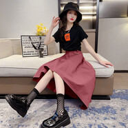 邁兜熊（MAIDOUXIONG）女童夏裝套裝新款洋氣兒童節(jié)禮物夏季時髦裙子兩件套半身裙短袖潮 皮粉色 T恤+裙子兩件套 160