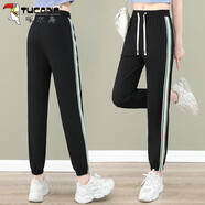 啄木鳥(niǎo)冰絲褲子女夏季小個(gè)子寬松大碼休閑褲女式束腳哈倫褲運動(dòng)褲 黑色 L 建議95-110斤