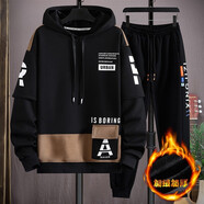 柏樂(lè )迪男孩13秋冬連帽加絨加厚衛衣套裝15歲青少年學(xué)生12大童帥氣運動(dòng)服 TZ7718黑色（衛衣+褲子）加絨厚 175 (2XL) （建議體重130-145斤）