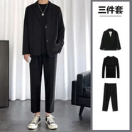 逐夢顏男士西裝休閑韓版小西服春秋外套潮流痞帥氣正裝青年男士西服上衣 01三件套 西裝+西褲+黑長袖T恤 XL【130-145斤可穿】