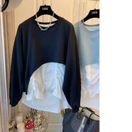 焱思泰日本設計師小眾韓版撞色拼接規則褶皺抽繩拼接襯衫衛衣女假兩件 黑色 S 80-95斤