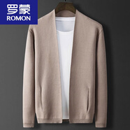 ROMON春秋新款男士針織開衫外套上衣服針織衫外穿潮流大碼毛衣男裝新品 單外套-無扣駝色-春款 XL180 135-150斤