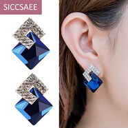 SICCSAEE 綠色水晶耳環(huán)女歐美流行時(shí)尚氣質(zhì)銀針水鉆耳釘黑色耳飾潮 YZL040寶藍色