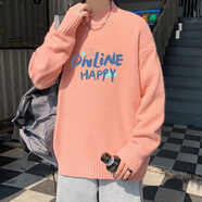 雪萊瓊斯毛衣男士秋冬季新款男裝半高領(lǐng)印花針織衫青少年寬松毛線(xiàn)衣上衣服 粉色 3XL