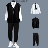 護子鳥(niǎo)配工裝褲的上衣假兩件T恤男 春秋男士v領(lǐng)毛衣背心馬甲套裝寬松港 黑色07毛衣+襯衫+917黑褲 三件套 M 90-120斤