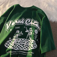 MCDV胖mm純棉墨綠色顯白美式棒球印花短袖t恤男情侶大碼-300斤上衣ins 綠色 7XL推薦250-300斤