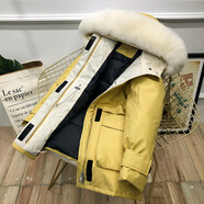 韻動犸冬季新款派克羽絨服女短款寬松加厚時尚收腰顯瘦冬裝派克服外套女 黃色 配白毛領(lǐng) XL（166以上）