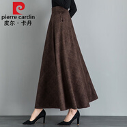 皮爾卡丹高檔品牌女裝2022秋冬毛呢格子半身裙女百搭高腰A字裙中長款加厚顯瘦長裙 棕紅暗格子 XL