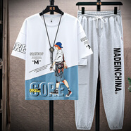 護子鳥(niǎo)18歲20歲高中生大學(xué)生男生穿的青少年夏季長(cháng)褲運動(dòng)套裝13男孩半袖 8104白色套裝(短袖+灰褲子) L 170適合95-115斤