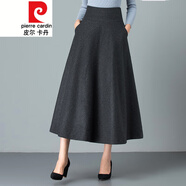 皮爾卡丹垂感毛呢半身裙女秋冬高腰中長款羊毛a字傘裙加厚長款冬裙子針織 Q004-深灰色毛呢高腰A字裙 26/S