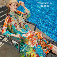 淘顏說(shuō)連衣裙2022新款女真絲印花氣質(zhì)輕薄七分袖時(shí)尚桑蠶絲裙子女 花色 XXL