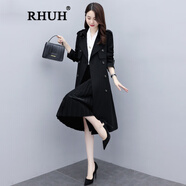 RHUH輕奢潮牌女裝風衣女春秋季新款氣質(zhì)時尚大氣英倫風中長款大衣外套 黑色 M