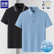 羅蒙（ROMON）兩件裝短袖t恤男翻領(lǐng)夏季新款冰絲透氣polo領(lǐng)打底男士商務(wù)體恤衫 黑色+灰綠 XL