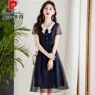 皮爾卡丹品牌高檔女裝 雪紡連衣裙女夏2022年新款氣質(zhì)高級(jí)感名媛風(fēng)娃娃領(lǐng)歐根紗顯瘦裙子針織 藏藍(lán) L