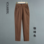友家坊全棉直筒休閑褲女春秋純色媽媽褲子長(cháng)褲松緊高腰寬松顯瘦中年女褲 咖啡色單褲【高密度棉】 2XL (適合體重116-126斤)