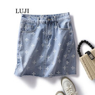 陸際（LUJI）半身裙 潮牌十字印花拉毛下擺裙子顯瘦牛仔半裙短裙2022夏季新款 淺藍色 S