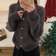 星辰閃耀浣熊絨圣誕毛衣女亮片羊毛針織開(kāi)衫秋冬新年加厚毛衣外套 灰色