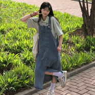 蘭威費(fèi)雷牛仔背帶裙女年夏季新款美式復(fù)古寬松慵懶風(fēng)小個(gè)子開叉連衣裙 藍(lán)色  M