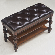 寶賓仕美式實(shí)木換鞋凳穿鞋凳鞋柜家用儲物凳門(mén)口可坐歐式鞋架收納凳 胡桃色+棕色PU皮翻蓋 拉扣款 50*30*48CM