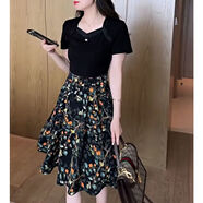 FBSZJ假兩件連衣裙夏天款女2024年新款赫本假兩件連衣裙夏季拼接新款時(shí) 拼接彩色碎花 有口袋 M 建議80-100斤