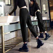 丹仔黑色哈倫牛仔褲女寬松高腰梨形身材顯瘦九分蘿卜老爹褲子 黑色 S